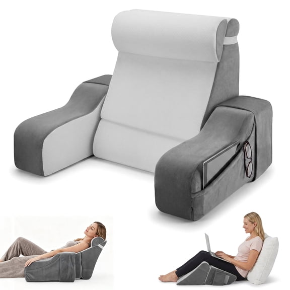 AMTPM Reading Pillow with Armrests, 2-in-1 Wedge Reading Pillow, 20-55 Adjustable Bed Rest Pillow with Armrests, Convertible Wedge Pillow for Reading, Gaming, TV