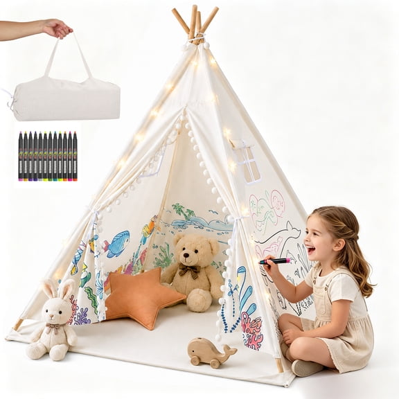 AMTPM Teepee Tent for Kids, Children's Teepee Tent, Canvas Children's Tent, Children's Tents for Girls and Boys with Carrying Bag, Foldable Playhouse for Indoors or Outdoors