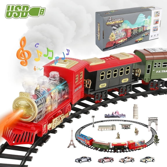 AMTPM Train Sets for 4 Cars, Electric Train Sets Toys with Smoke, Lights & Sound, Train Set for Under Christmas Tree with Steam Locomotives, Cars and Tracks, Birthday  Train Toys for 3 4 5 6 7+ Years