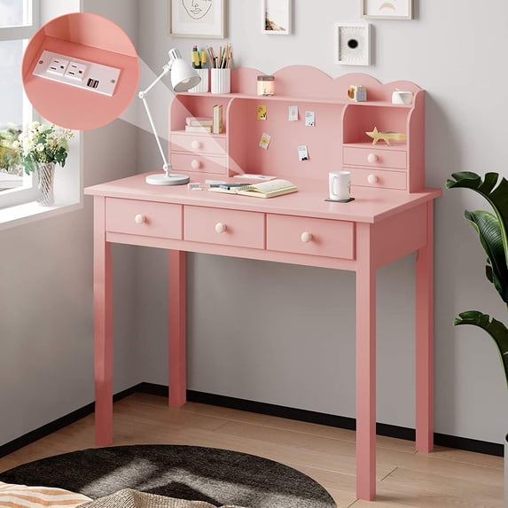 ADORNEVE Writing Desk with USB Port, Home Office Desk with Drawers and Hutch, 36.2" Study Table for Student/Adults, Computer Work Station with Storage Shelf, 7 Drawers, Pink 36.2*19inch Pink With Usb Ports