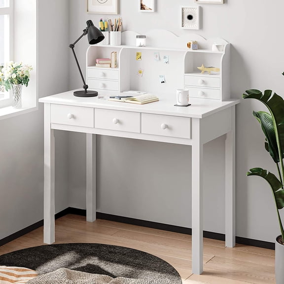 AMUZER 36.2" Writing Desk with USB Port and 7 Drawers, Computer Desk Study Table, White