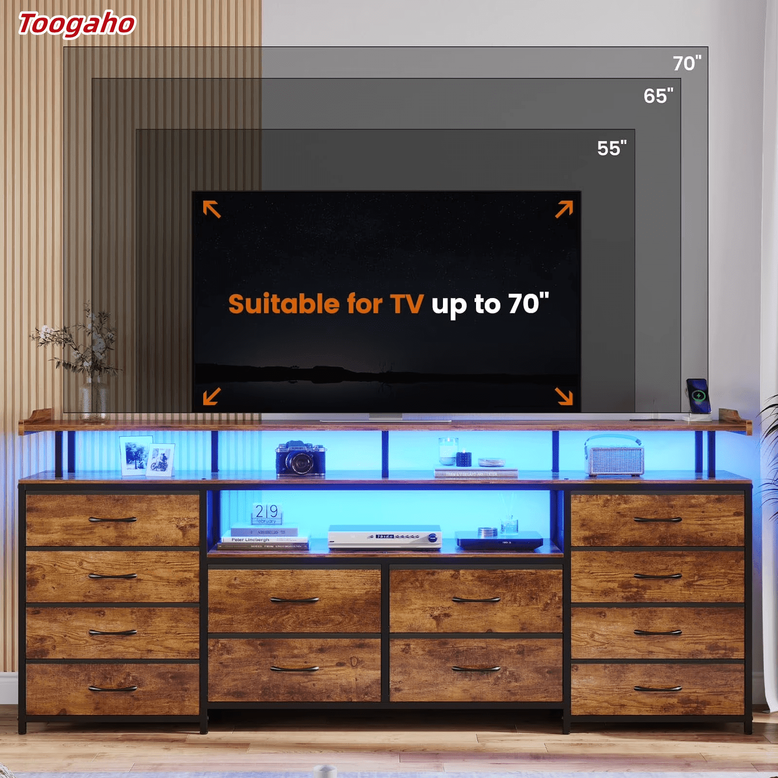 Toogaho 63" W TV Stand for Bedroom for 65 Inch TV with LED & Charging Station, Sturdy Long Dresser with 12 Fabric Drawer & Open Shelf, Large TV Console for Bedroom, Rustic Brown
