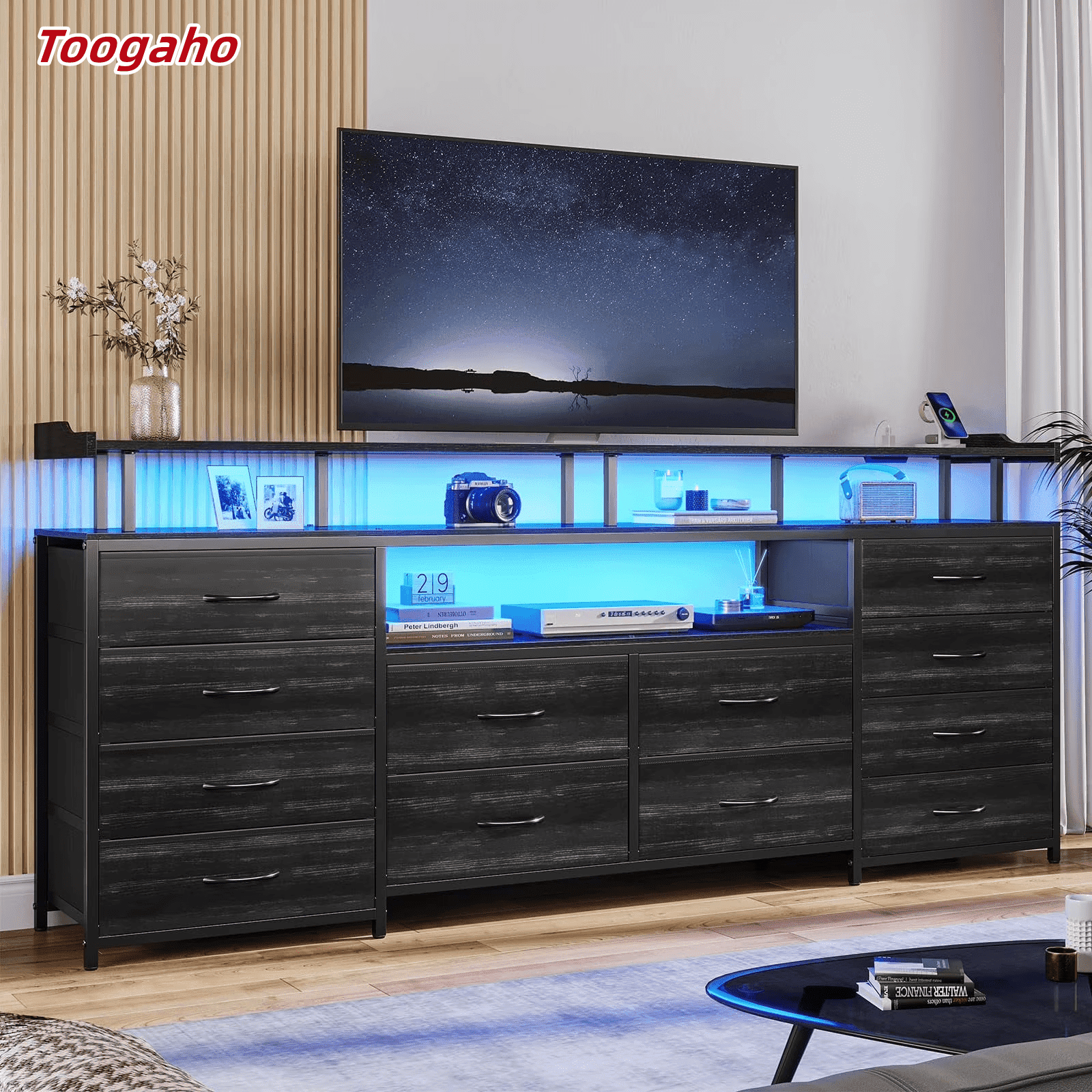 Toogaho 63" W TV Stand Dresser for 65 Inch TV,  , Entertainment Center with LED Lights & Power Outlets, Black Long Dresser with 12 Fabric Drawers and Shelves, for Bedroom