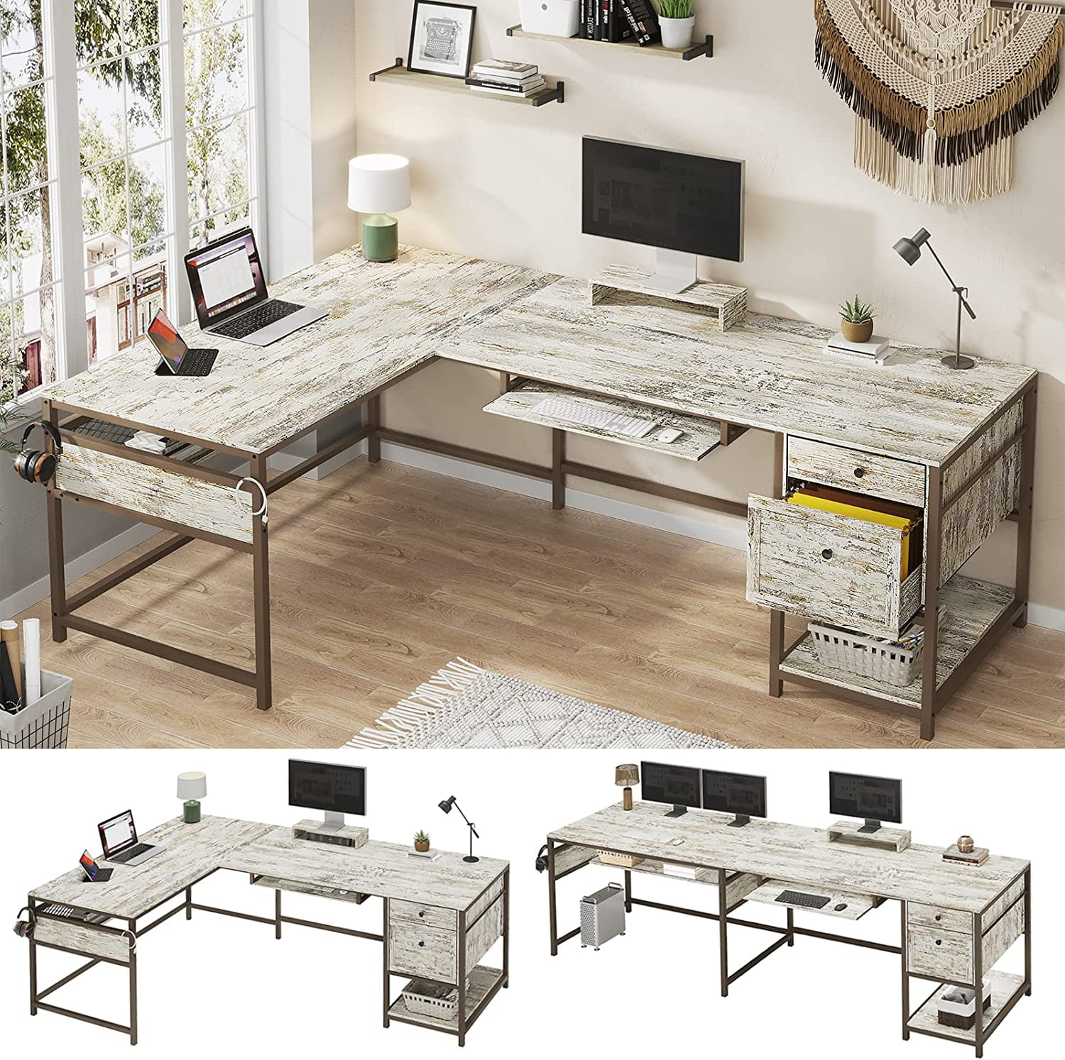 AMUZER 69" Home Office Desk with File Drawers and Keyboard Tray, Long Corner Computer Desk