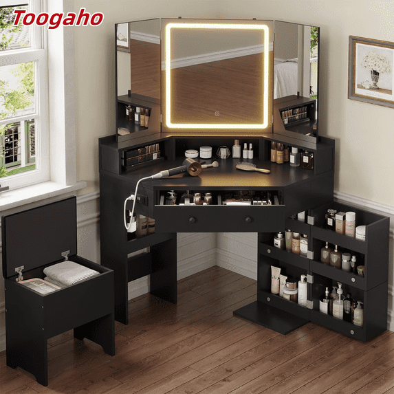Toogaho Vanity Desk with Mirror and Lights, Makeup Table Set with Chair, 2 Drawers, Shelf, Storage Stool, Charging Station, Vanity Table for Bedroom,Black