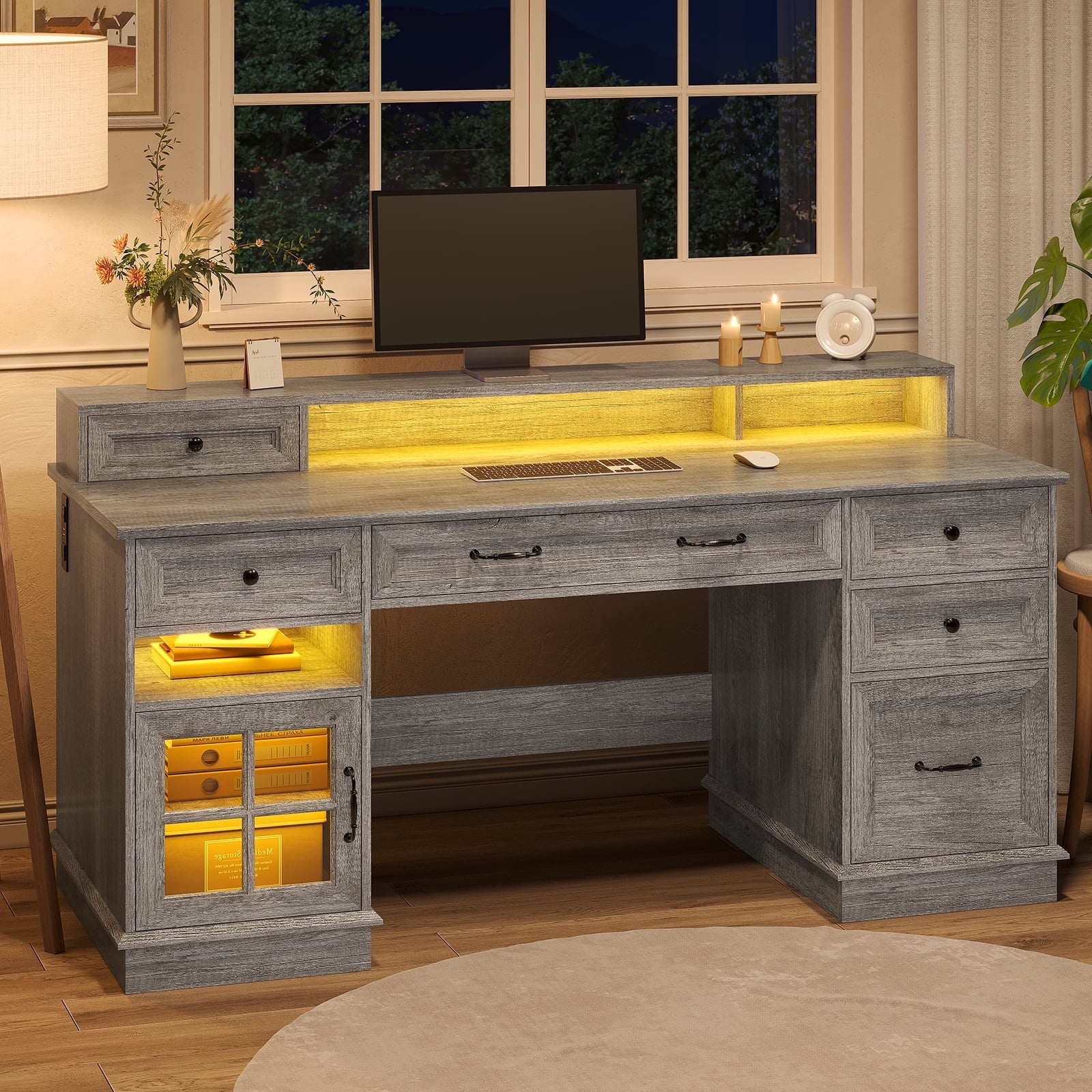 Toogaho Executive Desk with Drawers Computer Desk with File Drawers, Power Outlet and Led Lights,Farmhouse Office Desk with Storage Cabinet and Monitor Shelf for Home Office, Grey