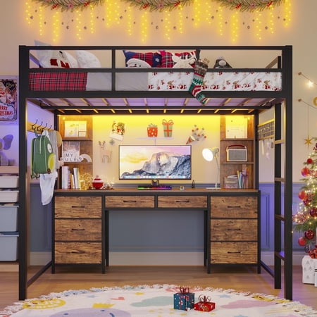 AMUZER Full Size Loft Bed with Desk, LED Lights,Charging Station LED Loft Metal Bed Frame Full Size with 4 Storage Shelves and 8 Drawers, Safety Guard & Ladder, No Box Spring Needed, Brown