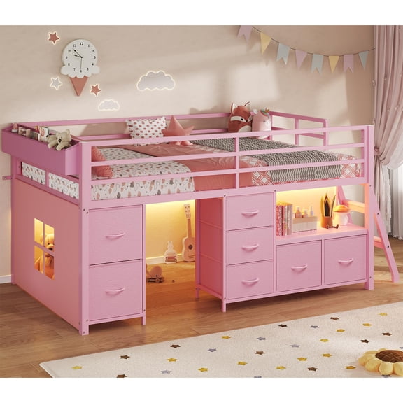 AMUZER Loft Bed Twin Size with 7 Storage Drawers, Bookcase and LED Lights, Low Metal Loft Bed with 14" H Safety Guardrail,Inclined Ladder, Under-Bed Space,Pink