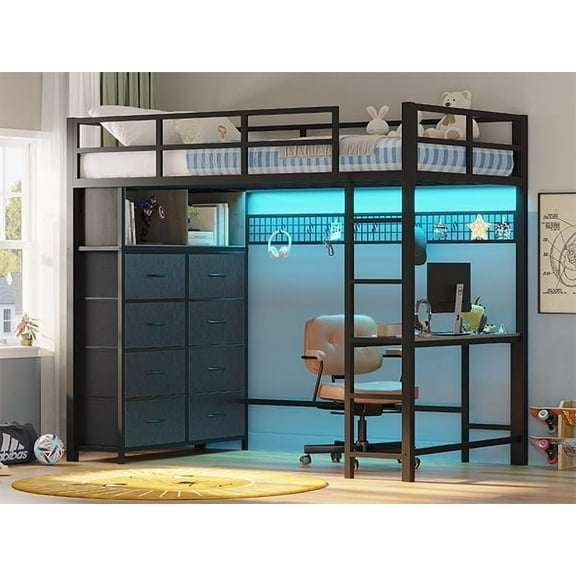 AMUZER Metal Loft Bed with Desk and 8 Storage Drawers, Twin Size Loft Bed with LED Lights & Charging Sation, Storage Shelves, 13.1" H Safety Guard & Ladder, No Box Spring Needed, Grey