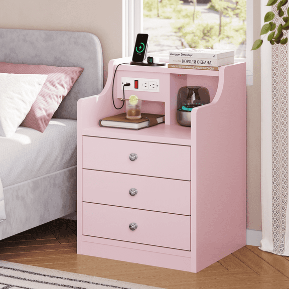 AMUZER Nightstand with Charging Station, Night Stand with 3 Drawers and Open Storage, Bedside Table with 2 USB Ports & 2 Outlets, Modern End Table Bedroom, Pink