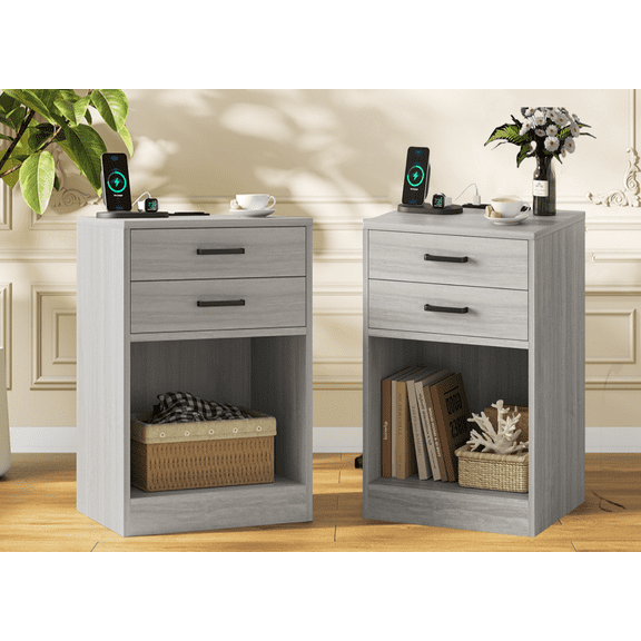 AMUZER Set of 2 Nightstand with Charging Station & 2 Drawers, Modern End Side Table for Bedroom Living Room, Grey