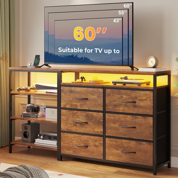 AMUZER TV Stand for 60 Inch TV, L Shaped Corner TV Stand,6 Drawer Dressers with Charging Station, with Open Shelves, Storage Dresser for Living Room, Bedroom,Closet, Entryway,Brown