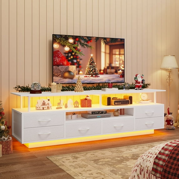 AMUZER TV Stand with Charging Station & LED Lights,TV Stand for 65 70 Inches TV,with 6 PU Fabric Drawers, Open Shelves ,for Living Room Bedroom, White