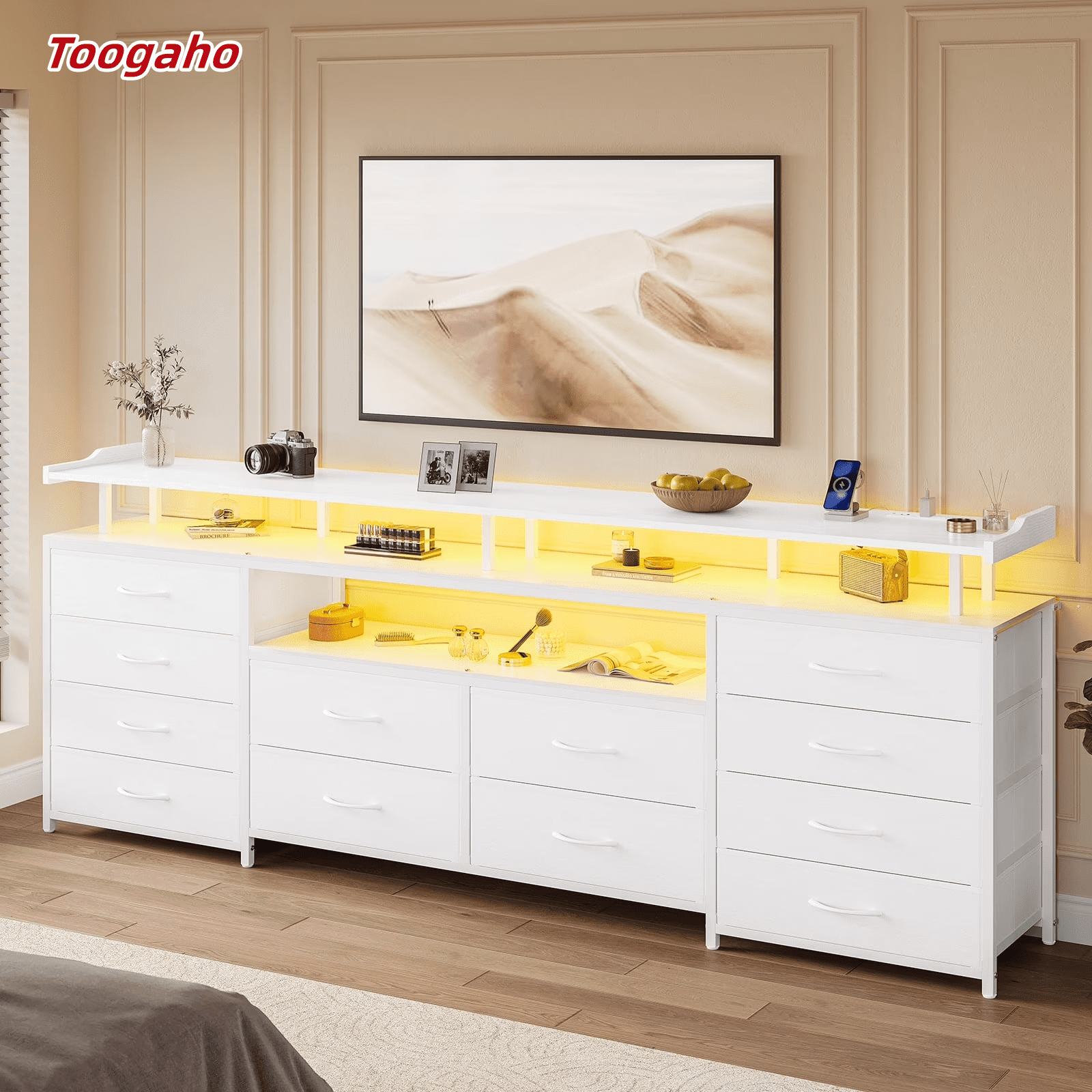 Toogaho TV Stand Dresser with LED and Power Outlets for 65 TV, 63 in Entertainment Center with 12 Fabric Drawers, Media Console Table with Storage Shelf, Chest of Drawers for Bedroom, White