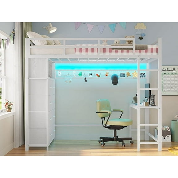 AMUZER Twin Size Loft Bed with Desk, Metal Loft Bed Twin with LED Lights & Charging Sation, 8 Storage Drawers,Storage Shelves, 13.1" H Safety Guard & Ladder, No Box Spring Needed,White