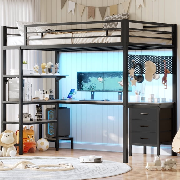 AMUZER Twin Size Loft Bed with L-Shaped Desk, LED Lights,Charging Station,Metal Loft Bed Twin with Desk, Fabric Drawers & Shelves, 13.4" H Safety Guard, No Box Spring Needed, Grey