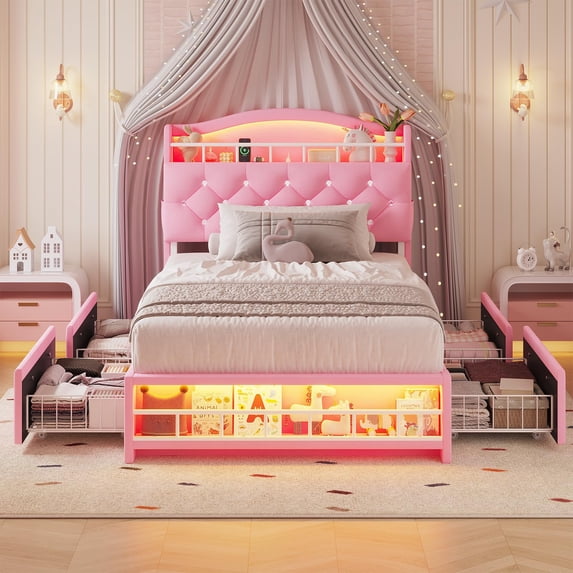 Amuzer Twin Size Princess Bed Frame with LED and Storage - Walmart.com