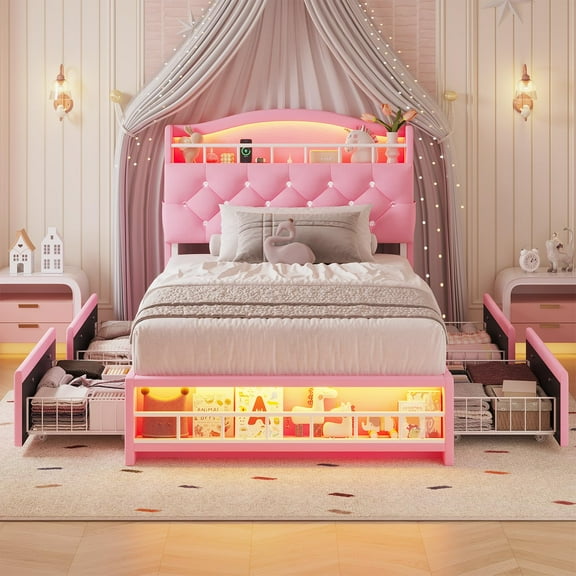 AMUZER Twin Size Princess Bed Frame with 4 Storage Drawers,Headboard with LED Lights & Charging Station, Girl Upholstered Bed,No Box Spring Needed, Easy Assembly, Pink