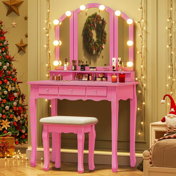 AMUZER Vanity Desk with Tri-Fold Mirror and Lights, Vanity Table with 5 Drawers,8 Jewelry Hooks, Pink Makeup Vanity Set with Wood Upholstered Stool