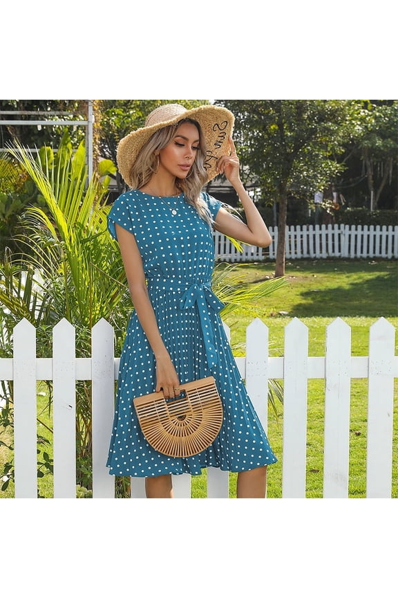 Women’s Polka Dot Pleated Dress Short Sleeve Round Neck Elastic Waist Midi Dress Sizes S-XXL