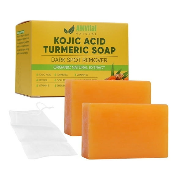 AMVital Kojic Acid Soap for Dark Spots, Turmeric Soap for Face & Body with Hyaluronic Acid, Vitamin C, Vitamin E, Shea Butter, Castile Olive Oil (2 Pack)