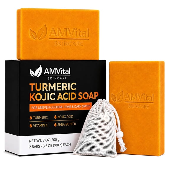 AMVital Kojic Acid Soap - Turmeric Soap for Face & Body with Hyaluronic Acid, Vitamin C, Vitamin E, Shea Butter, Castile Olive Oil (2 Pack)