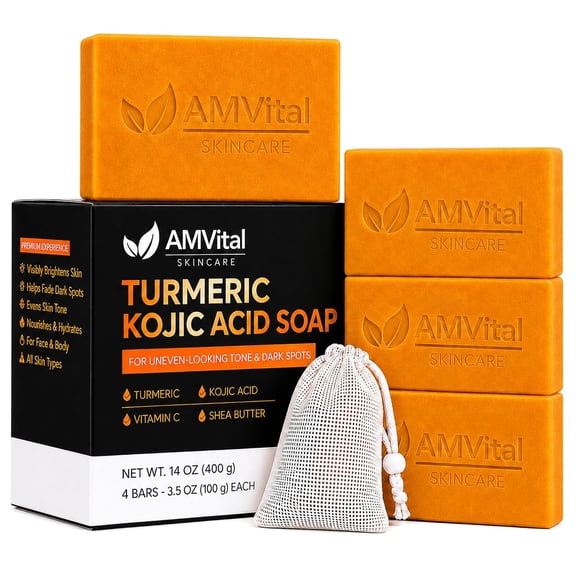 AMVital Kojic Acid Soap - Turmeric Soap for Face & Body with Hyaluronic Acid, Vitamin C, Vitamin E, Shea Butter, Castile Olive Oil (4 Pack)