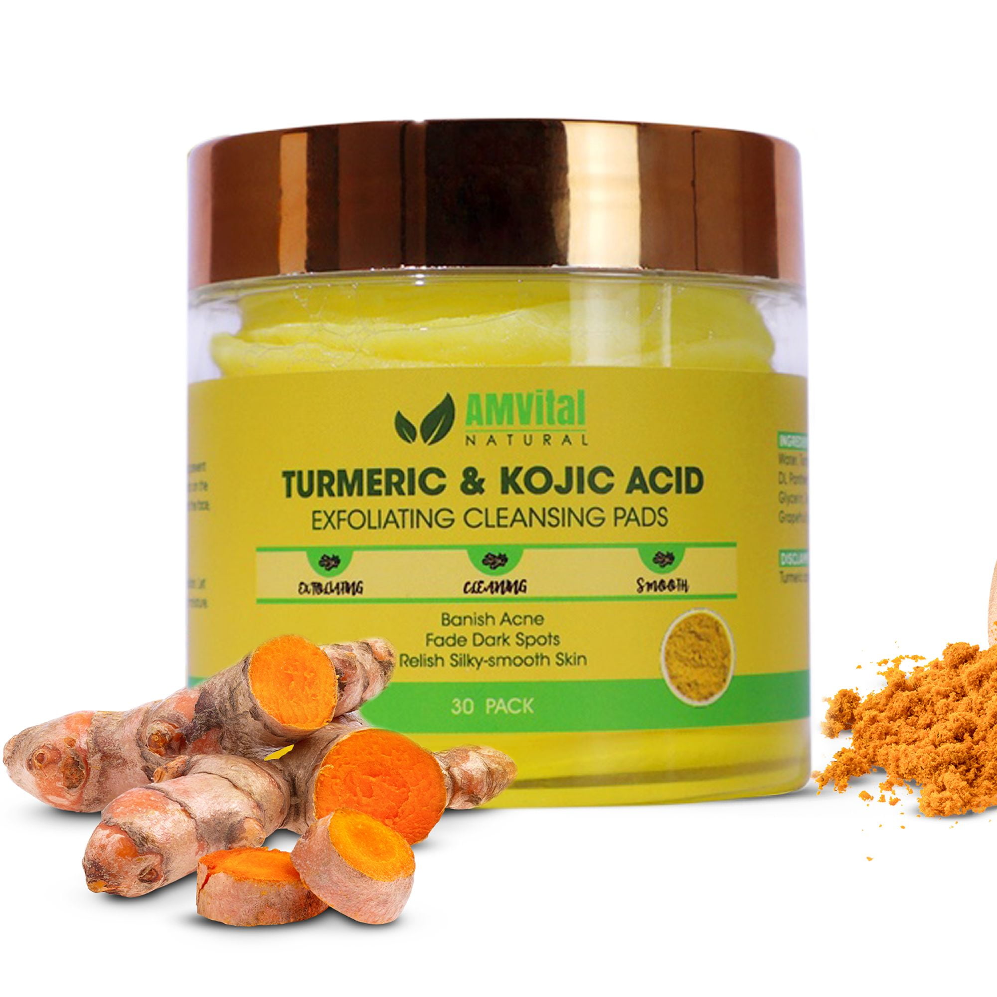 AMVital Kojic Acid and Turmeric Cleansing Pads, Turmeric Cleansing Pads, Face Turmeric Kojic Acid Pads, Helps Balance Skin Oil And Water - 30 Pack