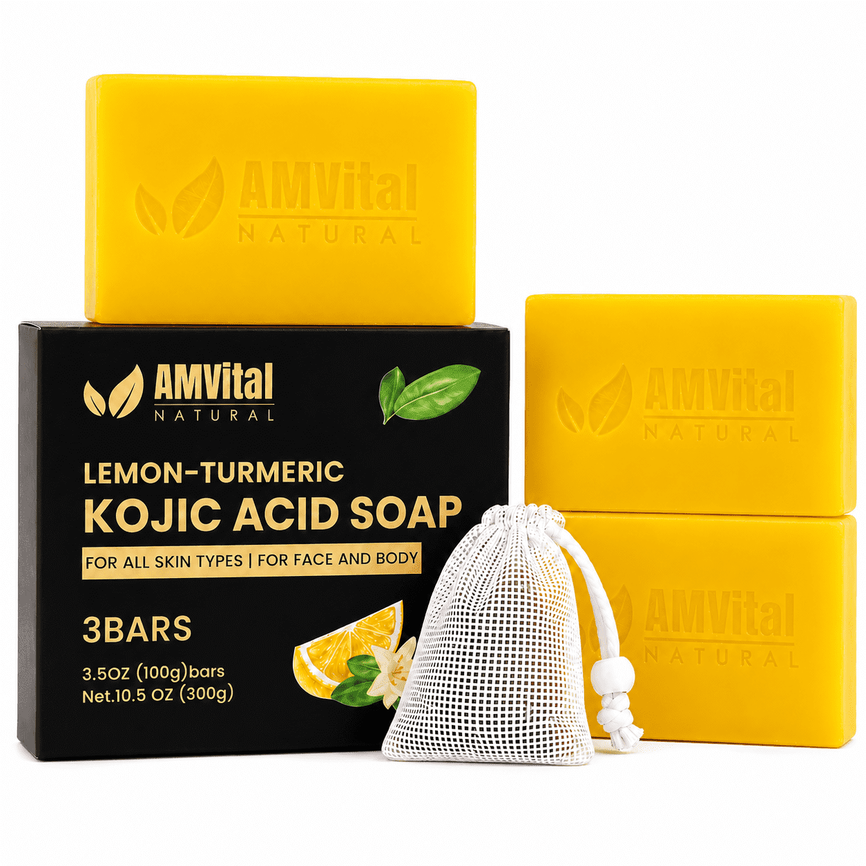 AMVital Lemon Turmeric Kojic Acid Soap Bar - Natural Face & Body Soap Bar for All Skin Types, 3-Pack