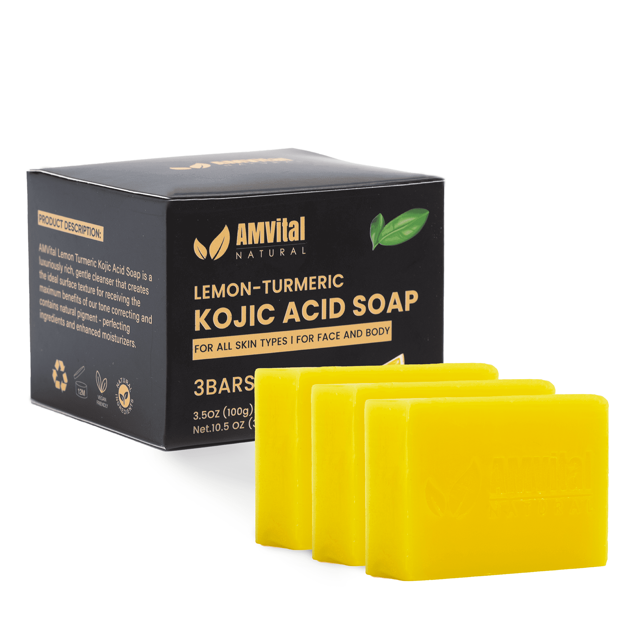 AMVital Lemon Turmeric Kojic Acid Soap Bar - Natural Face & Body Soap Bar for All Skin Types, 3-Pack