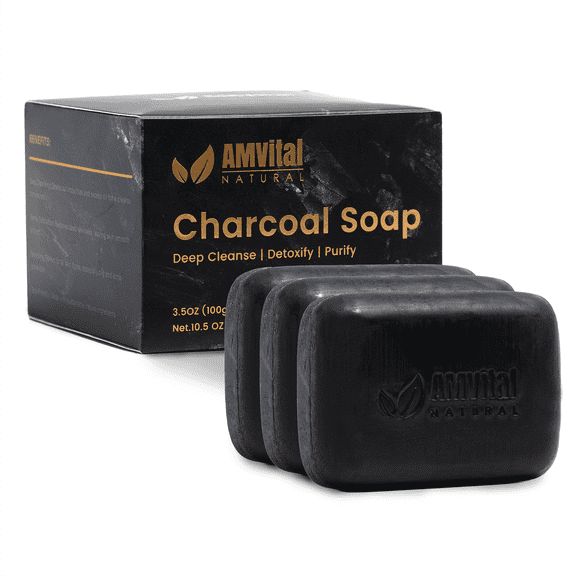 AMVital Natural Charcoal Soap Bar Set - 3 Pack Deep-Cleansing Body Wash & Face Soap, Gifts for Women & Men