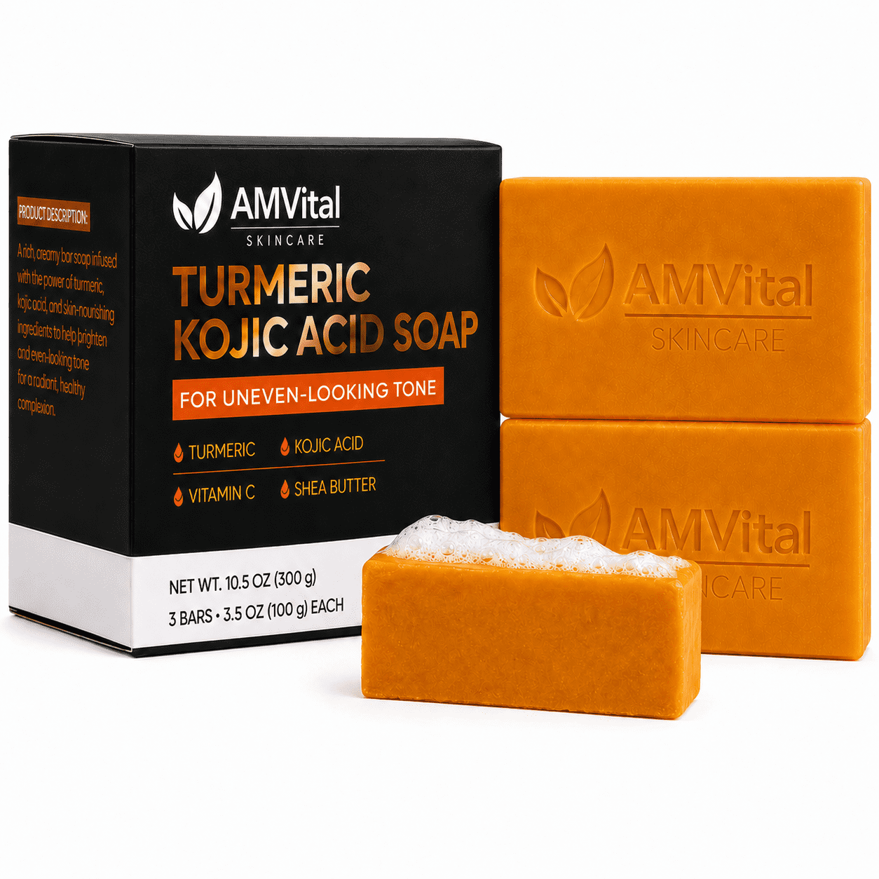 AMVital Turmeric Kojic Acid Soap Bar 3-Pack for Face & Body, for Uneven-Looking Tone, 3.5 oz Each
