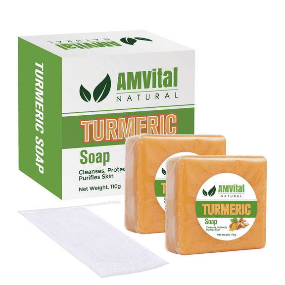 AMVital Turmeric Soap Bar, Organic Handmade Soap for Face & Body, Removes Acne and Blemishes, Hydrates Skin, Pack of 2