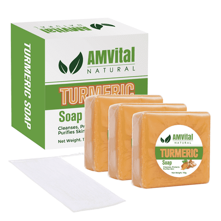 AMVital Turmeric Soap Bar, Organic Handmade Soap for Face & Body, Made with Natural and Organic Ingredients, Gentle Soap, For All Skin Types (Pack of 3)