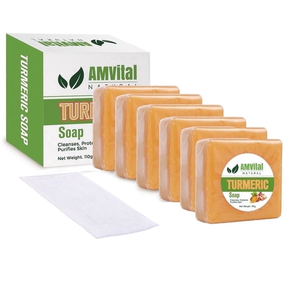 AMVital Turmeric Soap Bar, Organic Handmade Soap for Face & Body, Made with Natural and Organic Ingredients, Gentle Soap, For All Skin Types (Pack of 6)