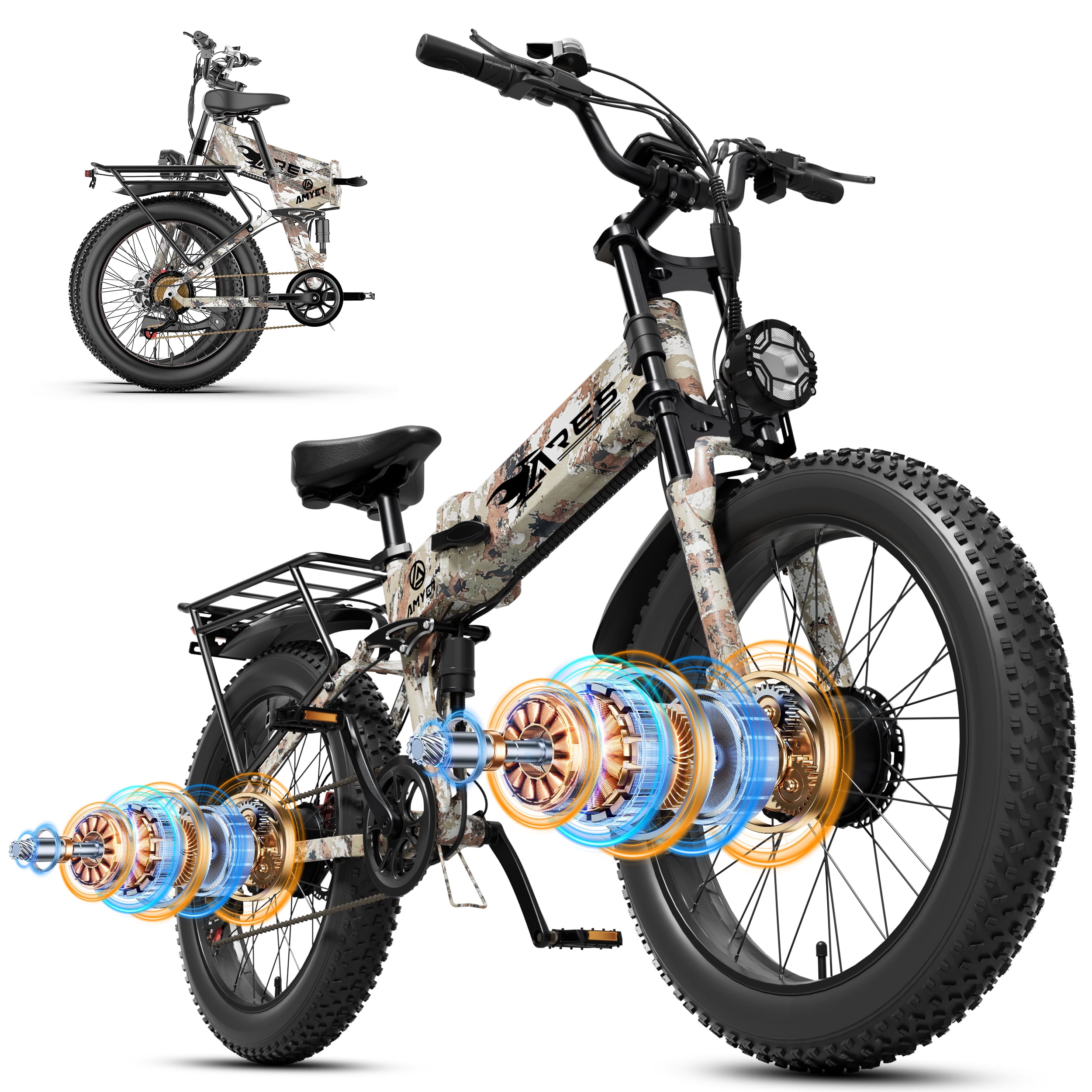 AMYET ARES AWD Electric Bike for Adults, Dual Motor 2000W Ebike, 52V 20Ah Battery, 24" x 4.0" Fat Tire, Folding Electric Mountain Bike, 34MPH, UL2849