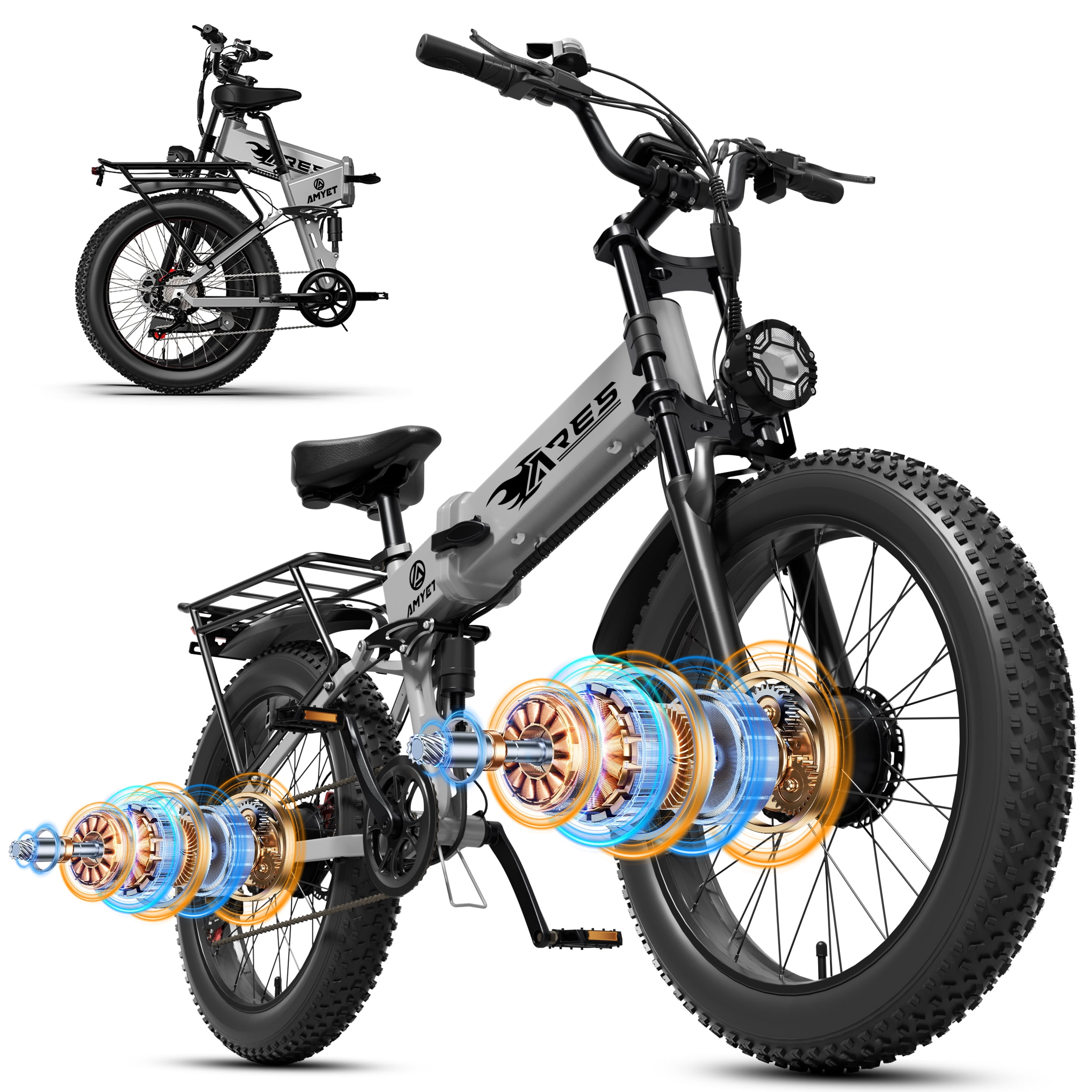 AMYET ARES AWD Electric Bike for Adults, Dual Motor 2000W Ebike, 52V 20Ah Battery, 24" x 4.0" Fat Tire, Folding Electric Mountain Bike, 34MPH, UL2849