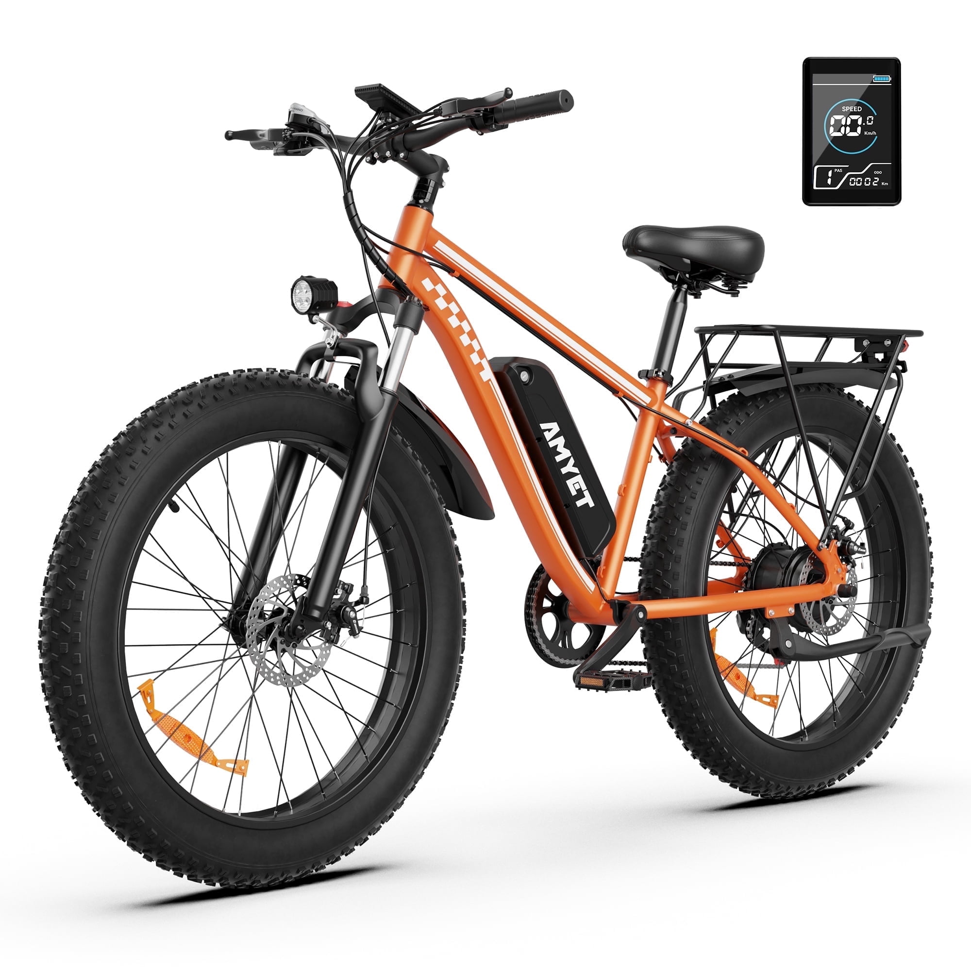 AMYET EB26 Electric Bike for Adults, 26*4.0 Fat Tire E-Mountain Bicycle,Peak 1500W Motor 48V 15Ah 7-Speed Ebike UL2849 Orange