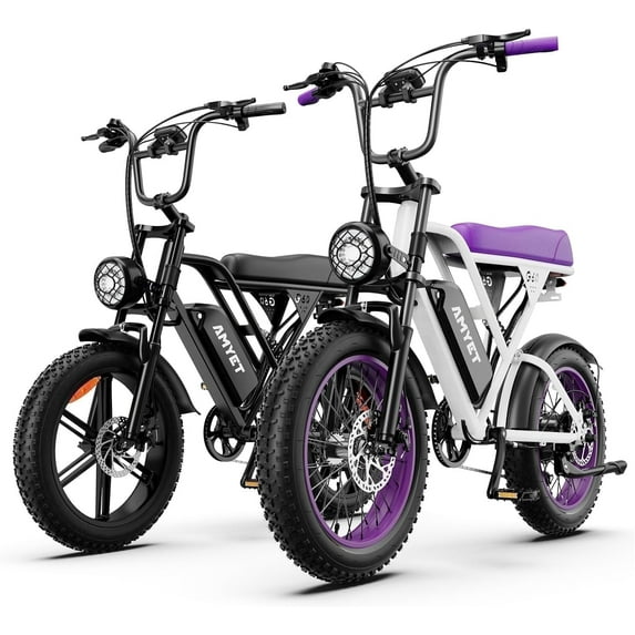 AMYET G60 Electric Bike for Adults, 20" Fat Tire E-Mountain Bicycle, Peak 1500W Dual Motor 48V 20AH 7-Speed Ebike UL2849, E-bikes for Couples,Set of 2(Black&Purple)