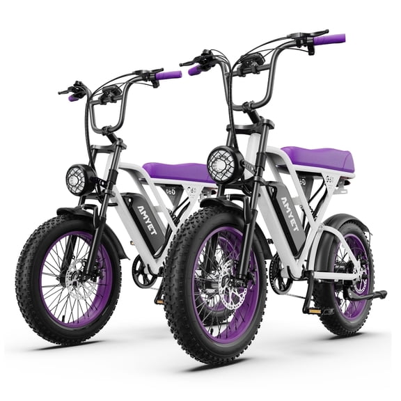 AMYET G60 Electric Bike for Adults, 20" Fat Tire E-Mountain Bicycle, Peak 1500W Dual Motor 48V 20AH 7-Speed Ebike UL2849, Set of 2(Purple)