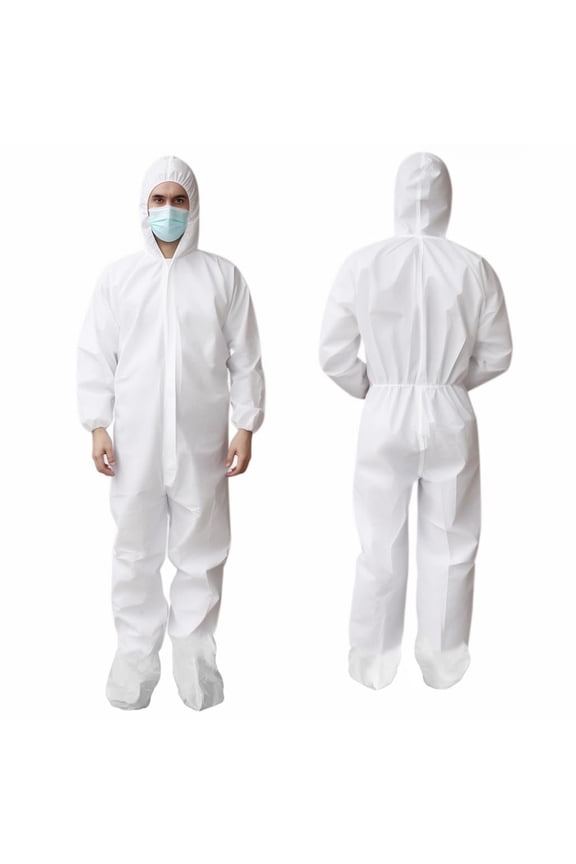 White Disposable Coveralls for Men & Women, X-large. Pack of 5 Waterproof SMS Lab Coveralls 60 GSM with Hood, Boots, Elastic Wrists. Unisex Tear Resistant Painters Suit Disposable