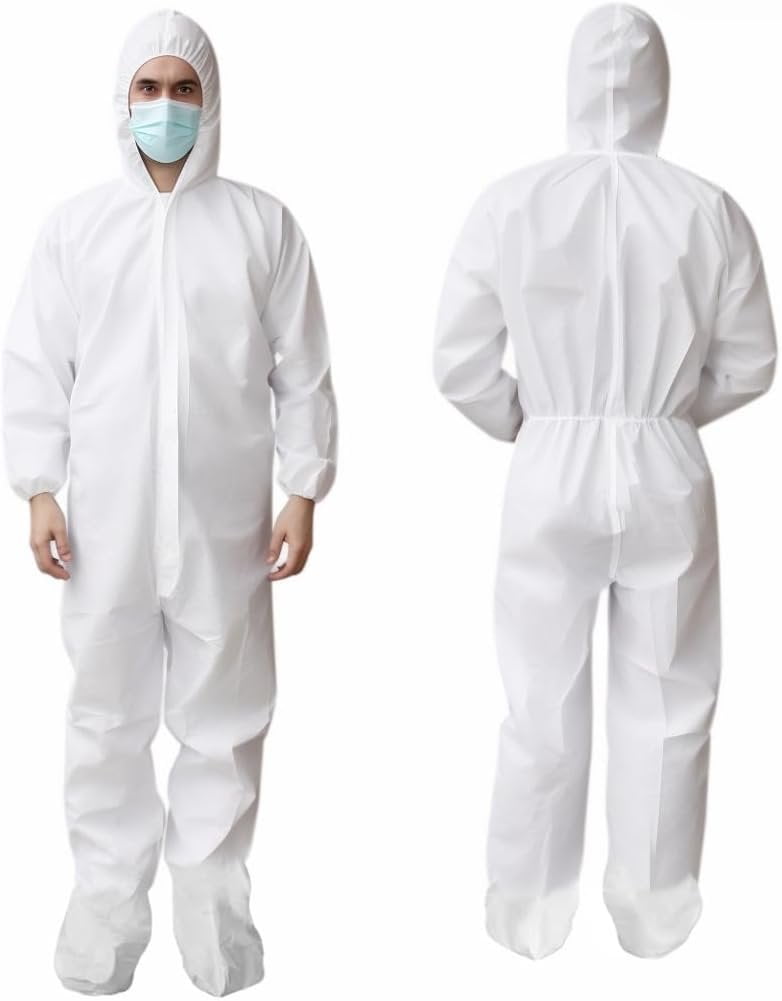 AMZ Medical Supply Disposable Coveralls for Men, Women, XXLarge, Pack of 5 White Hazmat Suits