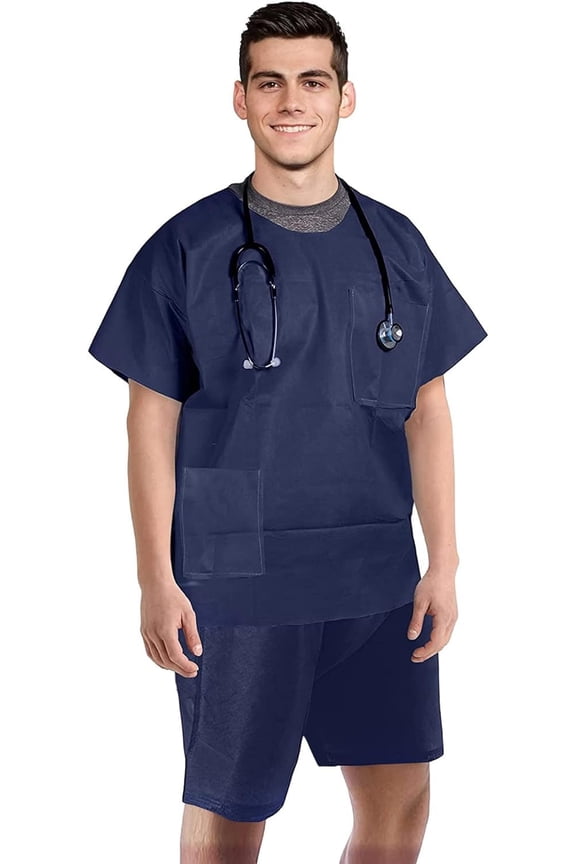 Navy Blue Disposable Scrub Sets, Polypropylene Shirt and Shorts, 10 Count, Large
