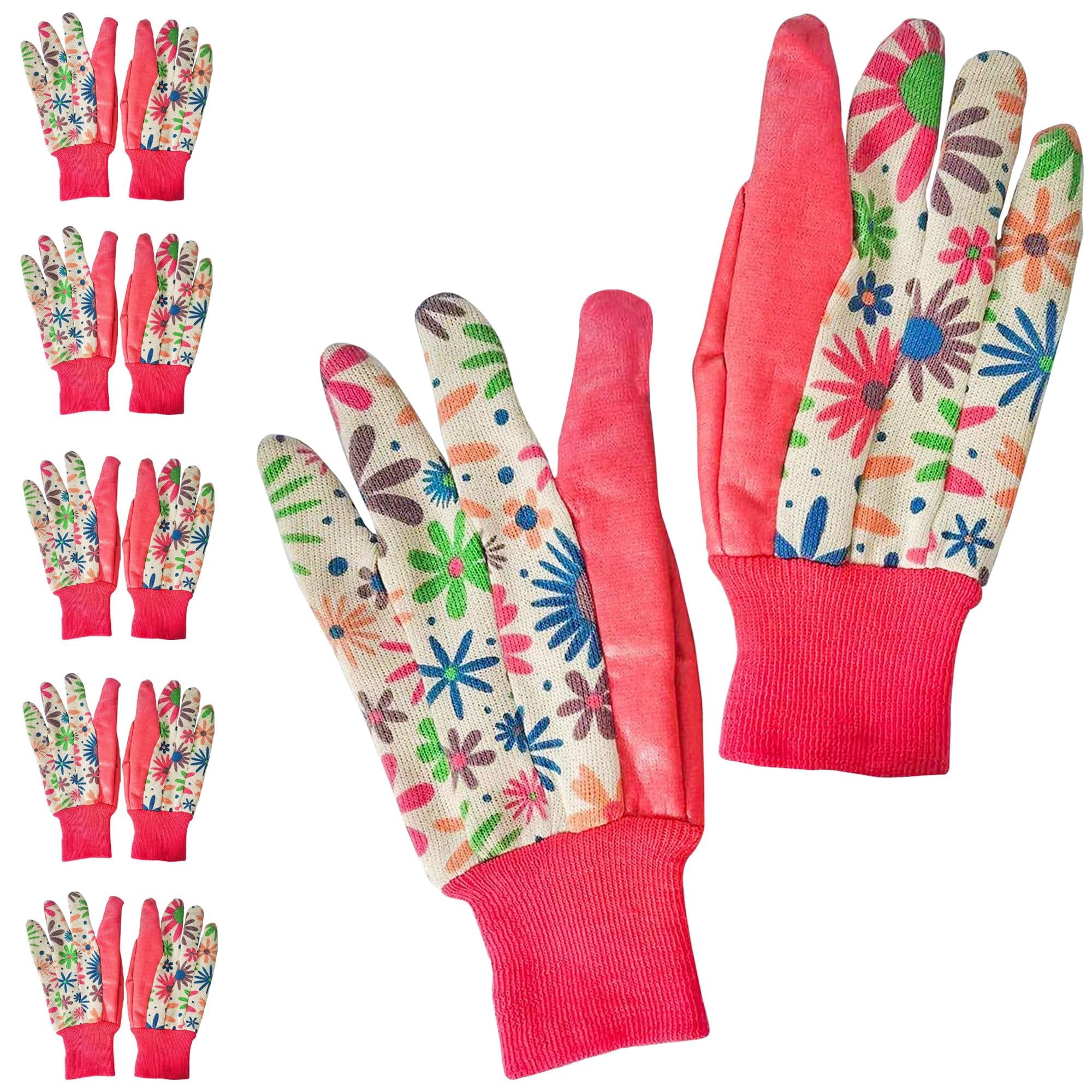 Pink Floral Gardening Gloves, Washable Cotton Knit Wrist, 6 Pairs, 9 in