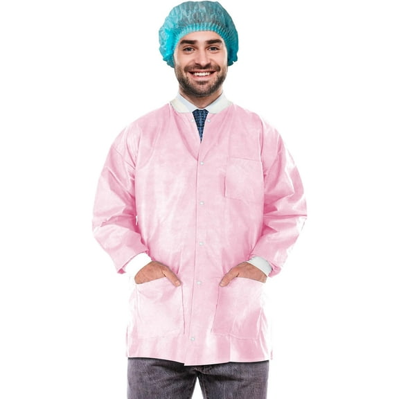 AMZ Supply Disposable Lab Jackets, 30" Long Light Pink Hip-Length Work Gowns Medium SMS 50 gsm Shirts Pack of 100