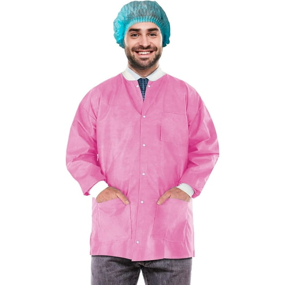AMZ Supply Disposable Lab Jackets, 30" Long Pink Hip Length Work Gowns Medium SMS 50 gsm Pack of 100
