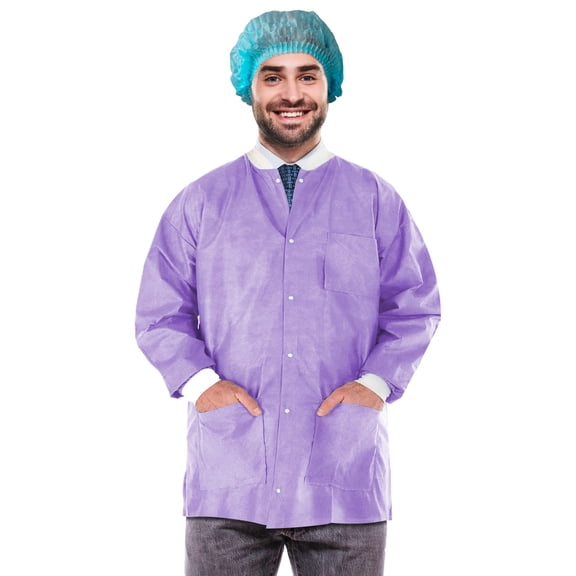 AMZ Supply Disposable Lab Jackets, 30" Long Purple Hip Length Work Gowns Medium SMS 50 gsm Pack of 100