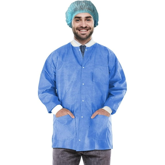 AMZ Supply Disposable Lab Jackets, 31" Long Blue Hip Length Work Gowns Large SMS 50 gsm Pack of 100