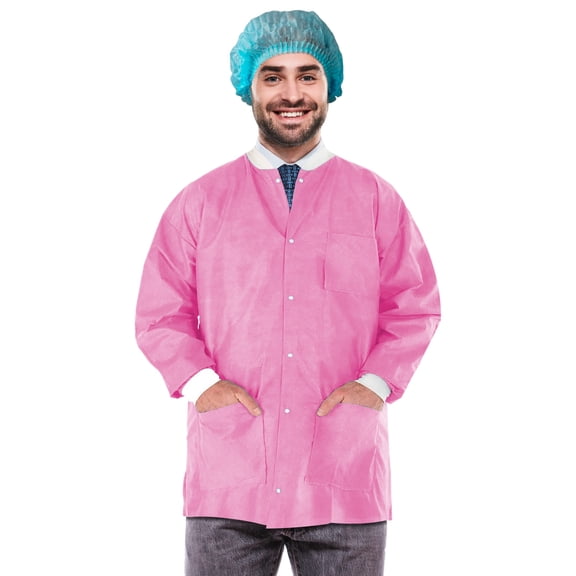 AMZ Supply Disposable Lab Jackets, 31" Long Pink Hip Length Work Gowns Large SMS 50 gsm Pack of 100