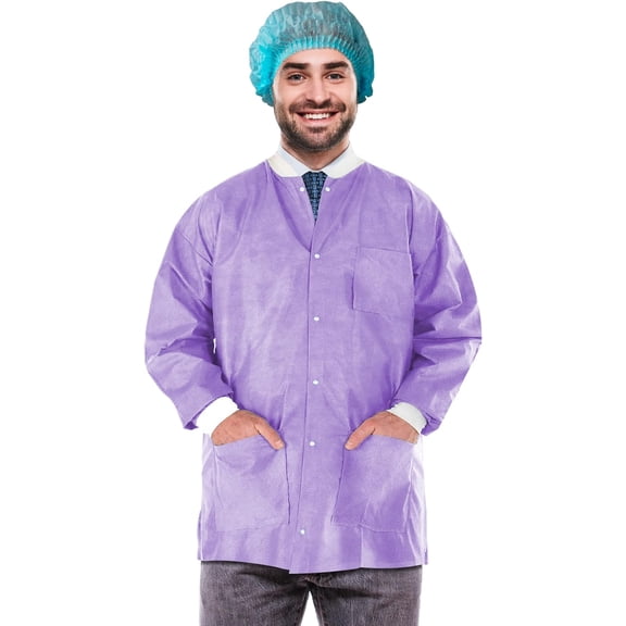 AMZ Supply Disposable Lab Jackets, 32" Long Purple Hip Length Work Gowns X-Large SMS 50 gsm Pack of 100